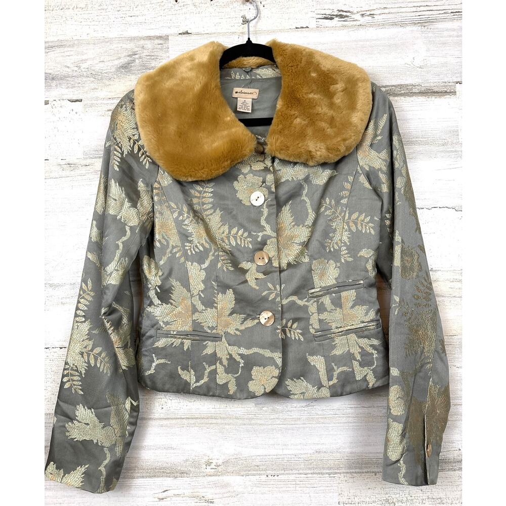 Anthropologie Elevenses Womens 4 Green Gold Floral 100% Silk Cropped Jacket